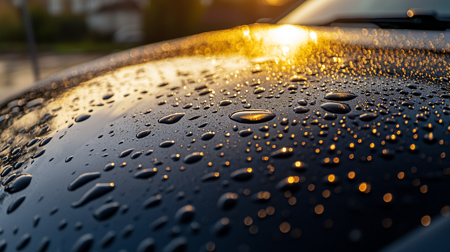Water beading on a graphene ceramic coated black car hood showing hydrophobic effect